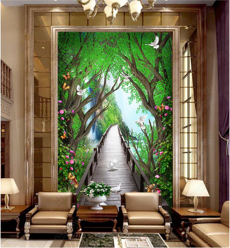 3d wallpaper custom photo Beautiful dreamy wooden board bridge elk flower vine 3D porch mural muals wall paper for walls 3 d