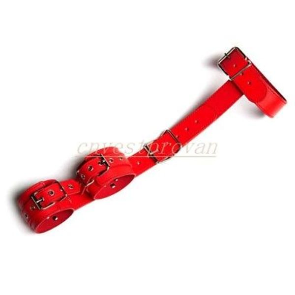 Bondage Faux Leather Neck Collar-Wrist Cuff Slave Restraints Handcuffs Behind Back Strap #R52