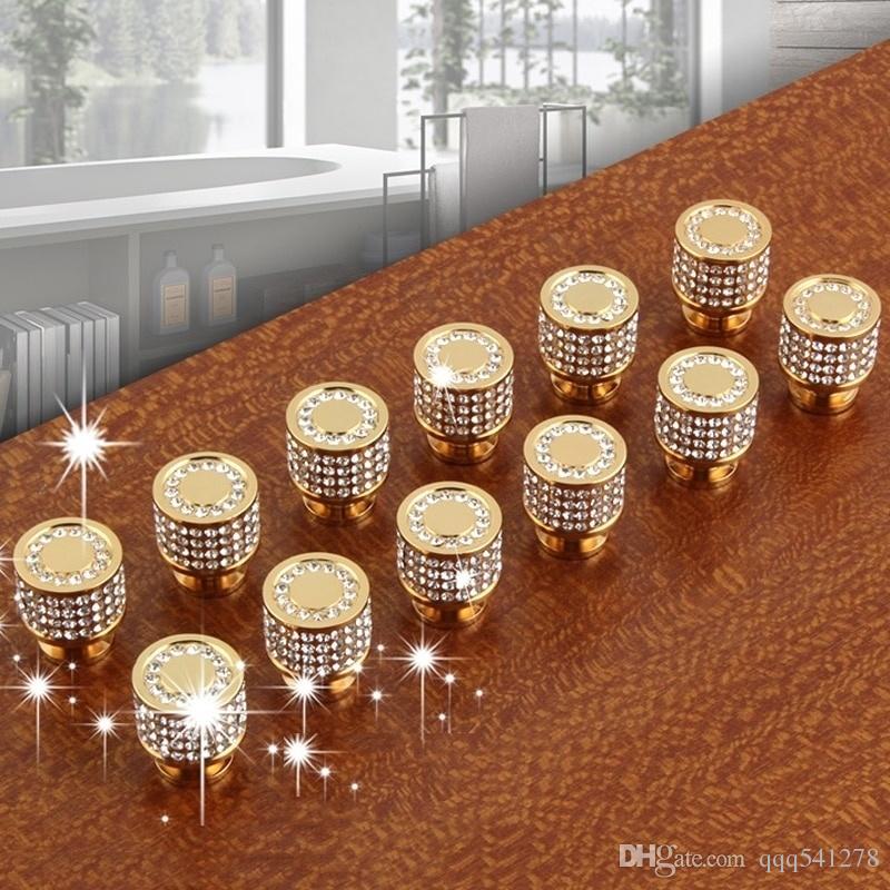 Luxury 24K Real Gold Czech Crystal Brass Round Cabinet Door Knobs and Handles Furnitures Cupboard Wardrobe Drawer Pull Handles