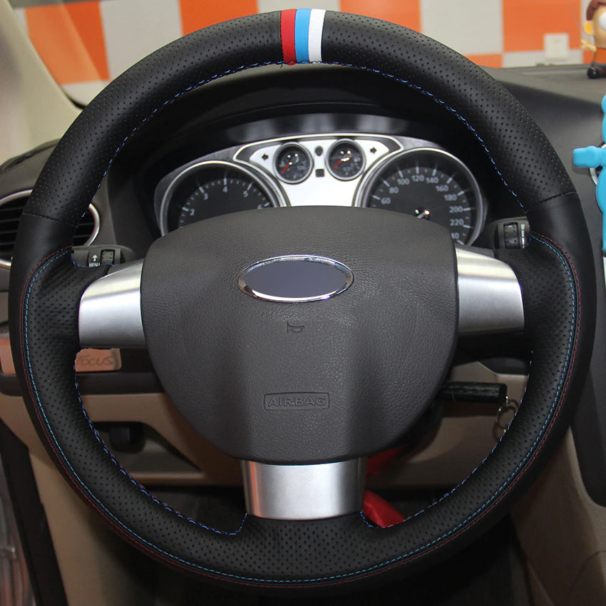 Black Natural Leather Red Light Blue White Marker Car Steering Wheel Cover for Ford Focus 2 2005-2011 (3-Spoke)