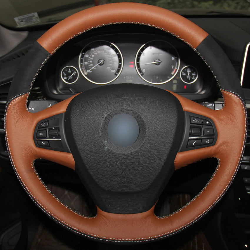 Brown Natural Leather Black Suede Car Steering Wheel Cover for BMW F25 X3 2011-2017 F15 X5 2014