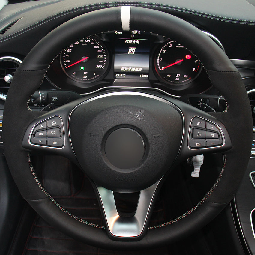 Black Suede Black Natural Leather White Marker Car Steering Wheel Cover for Mercedes-Benz C180 C200 C260 C300 B200