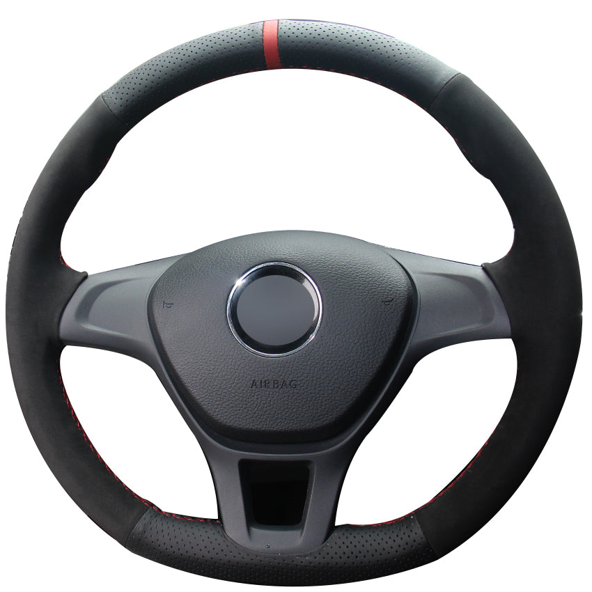 Black Natural Leather Black Suede Red Marker Car Steering Wheel Cover for Volkswagen VW Golf 7 Mk7 New Polo 2014 2015 2016 2017