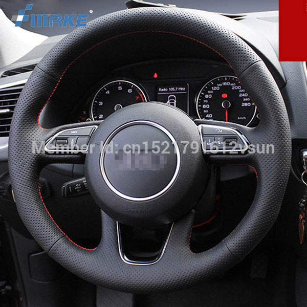 For Audi Q5 High Quality Hand-stitched Anti-Slip Black Leather Red Thread DIY Steering Wheel Cover