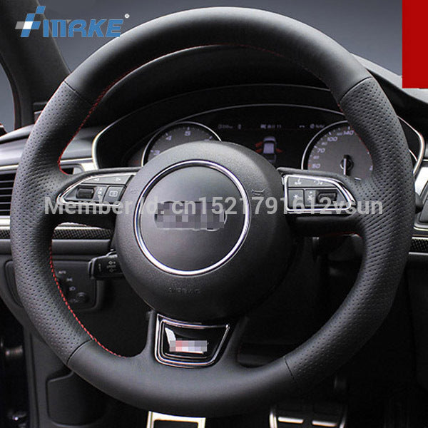 For Audi S6 High Quality Hand-stitched Anti-Slip Black Leather Red Thread DIY Steering Wheel Cover
