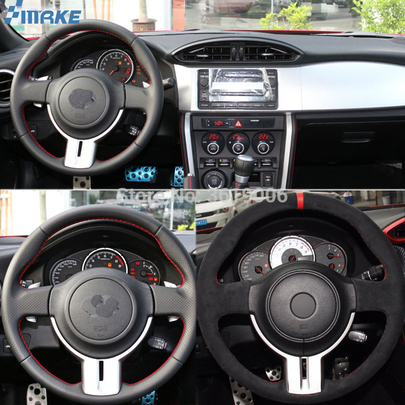 smRKE For Toyota 86 Subaru BRZ Hand-stitched Anti-Slip Black Suede Red Thread DIY Steering Wheel Cover