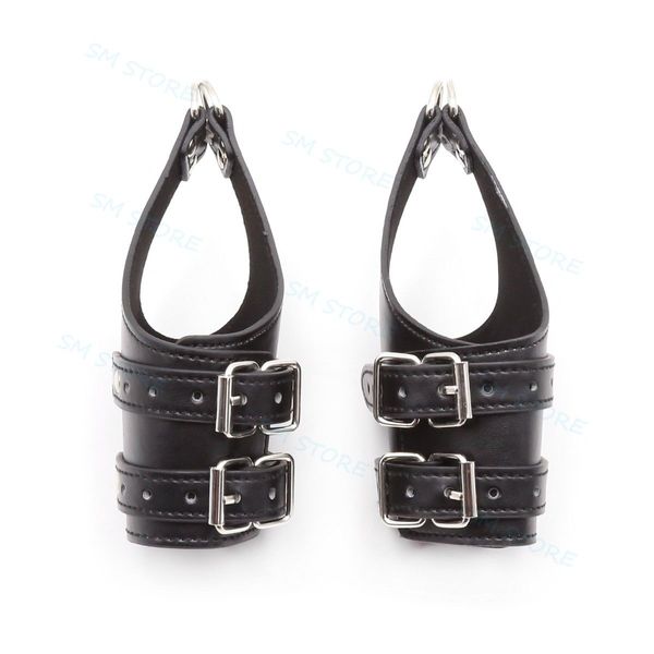 Bondage Black Faux Leather Hanging Handcuffs Restraint Suspension Buckled Wrist Cuffs A43