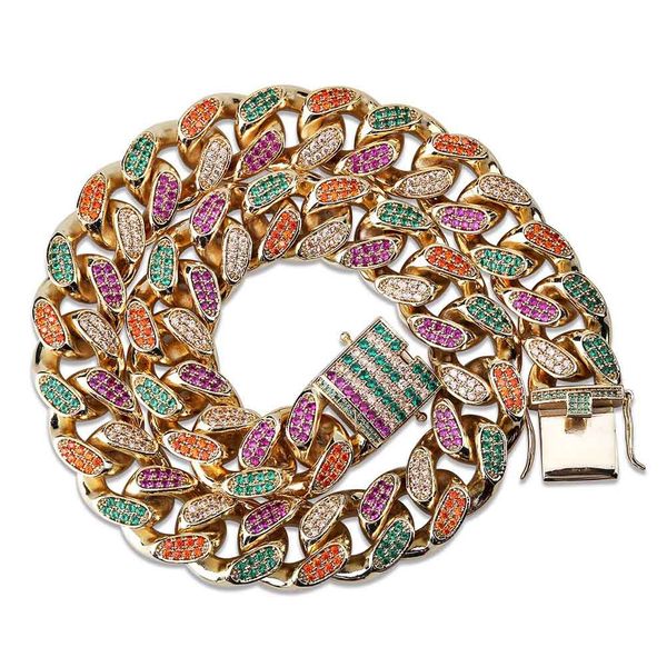 18K Gold Mens Hip Hop Cuban Link Chain Necklace 18mm Full Diamond Multicolor Iced Out Miami Rock Choker Rapper Curb Chains Jewelry Gifts for