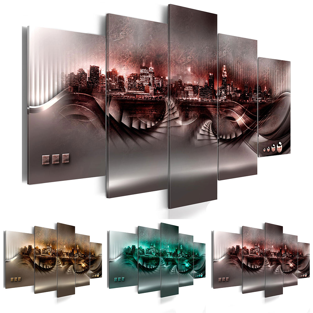 Unframed Abstract Wall Decor Oil Painting 5 Panel City Night View Canvas Wall Art Posters (Size:Yellow,Green,Red,Size:3)