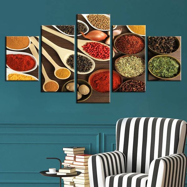 Modern Wall Art Pictures HD Prints 5 Pieces Spoon Grains Spices Modular Canvas Painting Home Decor Kitchen Food Poster No Frame