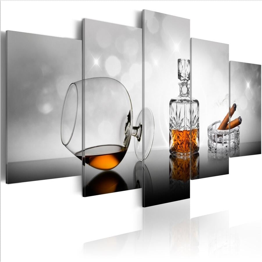 ( No Frame)5PCS-Set Modern Sinful Pleasure Wine and Cigars Art Print Frameless Canvas Painting Wall Picture Home Decoration