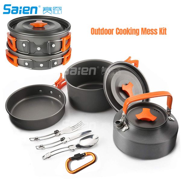 Camping Cookware Set 2Person outdoor Gear Campfire Utensils Non-Stick Cooking Equipment Lightweight Stackable Pot Pan Bowls with Storage Bag