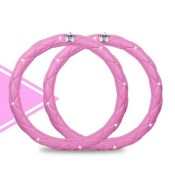 Universal 38cm Car Steering Wheel Cover Case Crystal Diamond PU Pink Leather