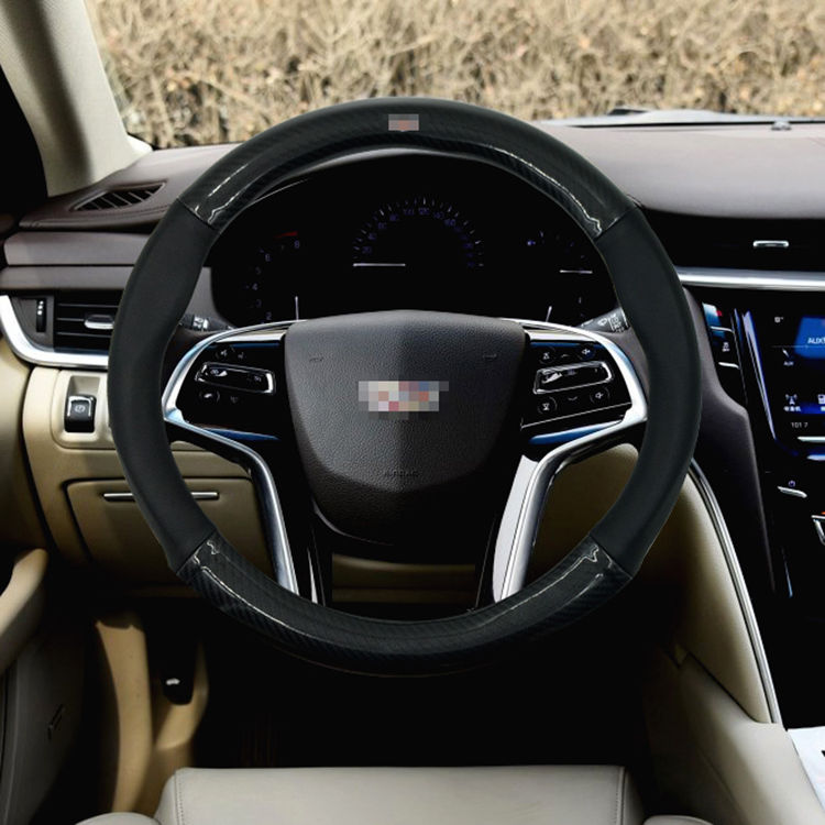 For Cadillac Steering Wheel Cover Anti-Slip Black Carbon Fiber Top PVC Leather