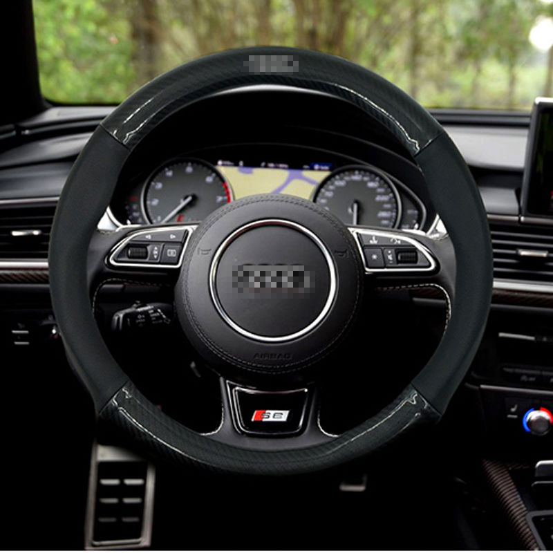 Anti-Slip Black Carbon Fiber Top PVC Leather Steering Wheel Cover for Audi Serie
