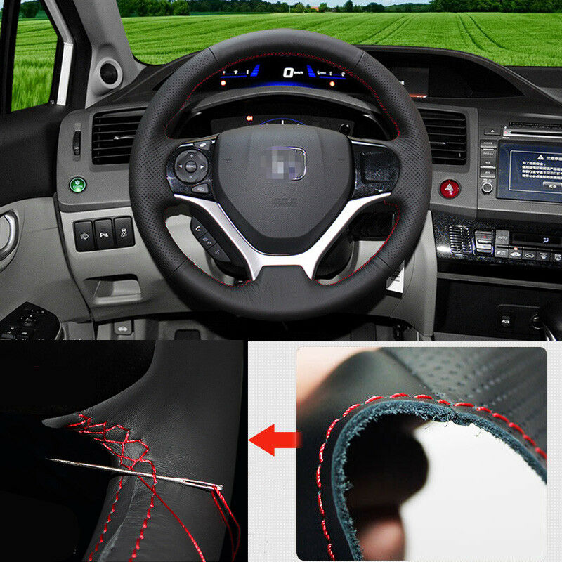 For Honda Civic 9th -Jed Non-slip Hand Sewing Steering Wheel Cover Black Leather