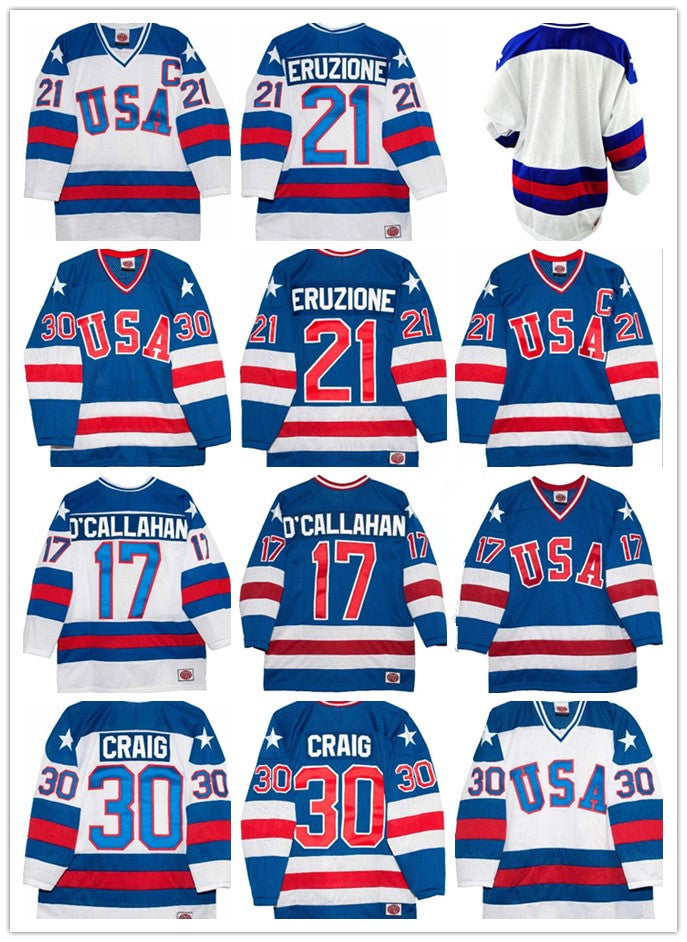 1980 Team USA Hockey Jerseys 30 Jim Craig 21 Mike Eruzione 17 Jack O&#039;Callahan 1980 Year Miracle USA Vintage Hockey Jersey White Blue S-3XL