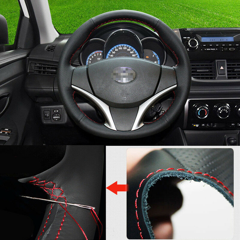 For Toyota Vios 14-2017 Steering Wheel Cover Non-slip Hand Sewing Black Leather