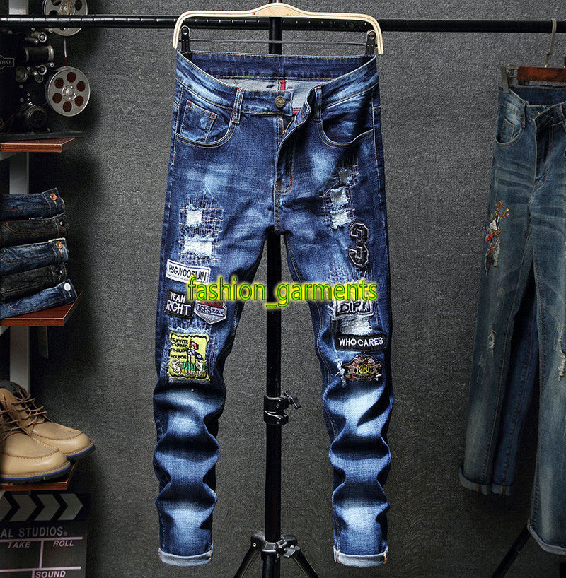 2019 New Mens Personality Locomotive Hole Embroidered Jeans Youth Men Slim Stretch Straight Long Pants Trend Fashion stylist Jeans