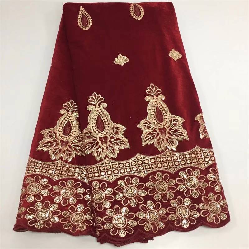 5yards-pc,Hot sale wine velveteen material african soft velvet fabric with gold sequins flower pattern for clothes CFV1