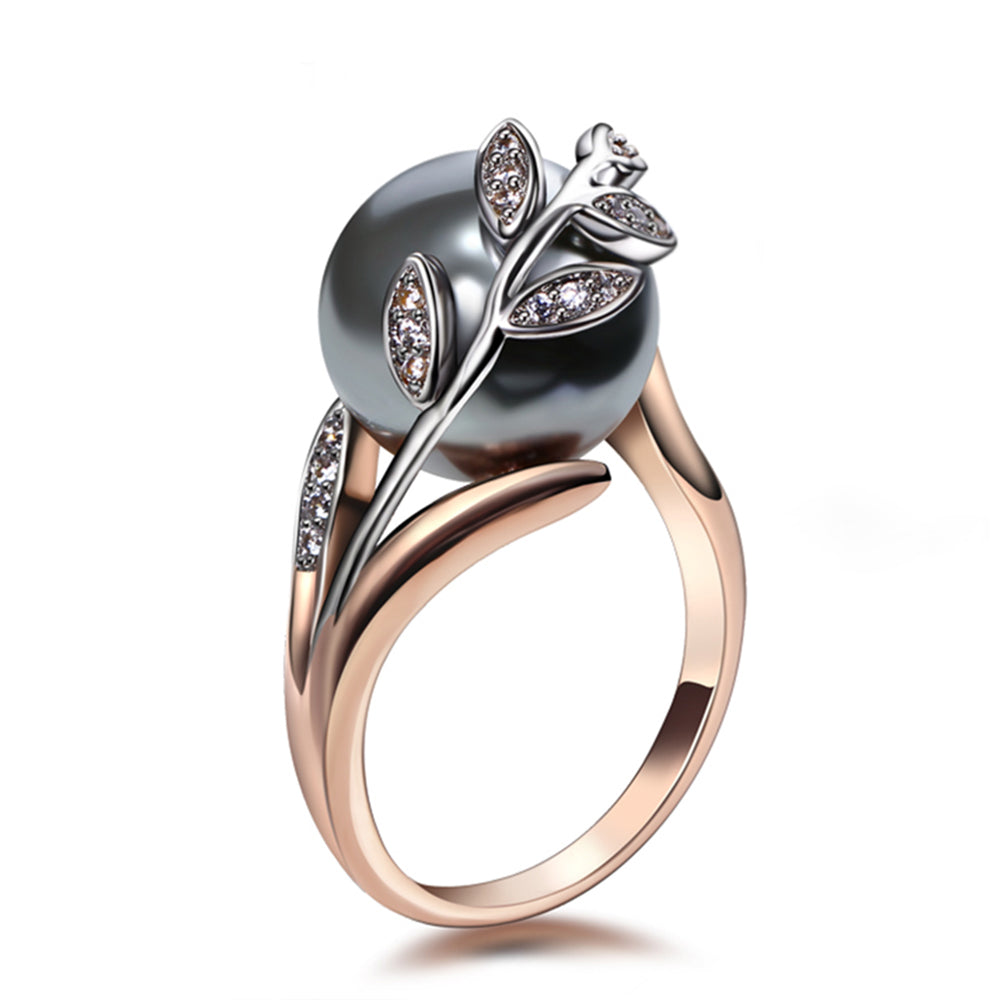 Trendy Rose Gold Color ring Big Gray Pearl Women Leaf Trendy jewellery dropshipping anel anillos aneis bagues femme statement jewelry