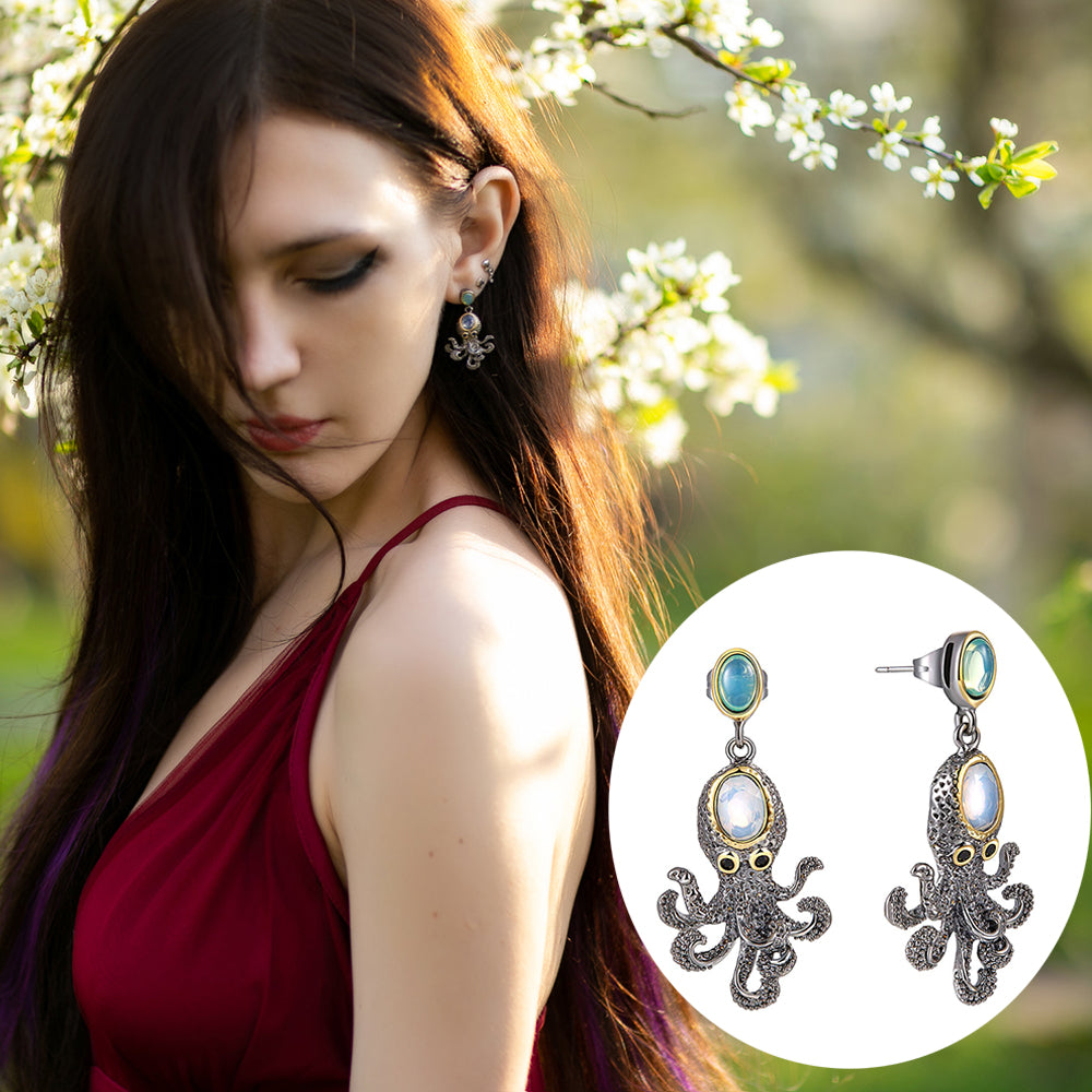 Very cute Dangle Earrings Light Green-White Oval Stones Octopus animal design Jewellery Black Gold color Vintage Drop earring
