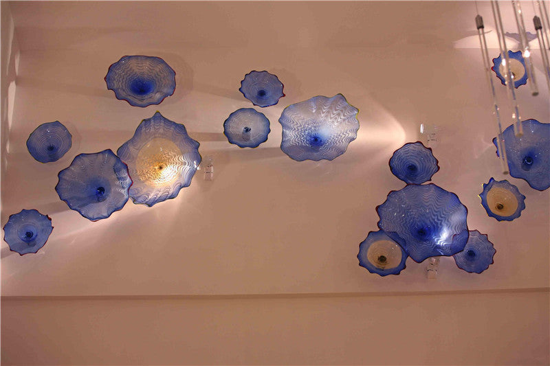 Hand Made Blow Blue Wall Lamp Decoration Flower Art Style Mouth Blown Murano Glass Plates for Fireplace Stair Ceiling Decor