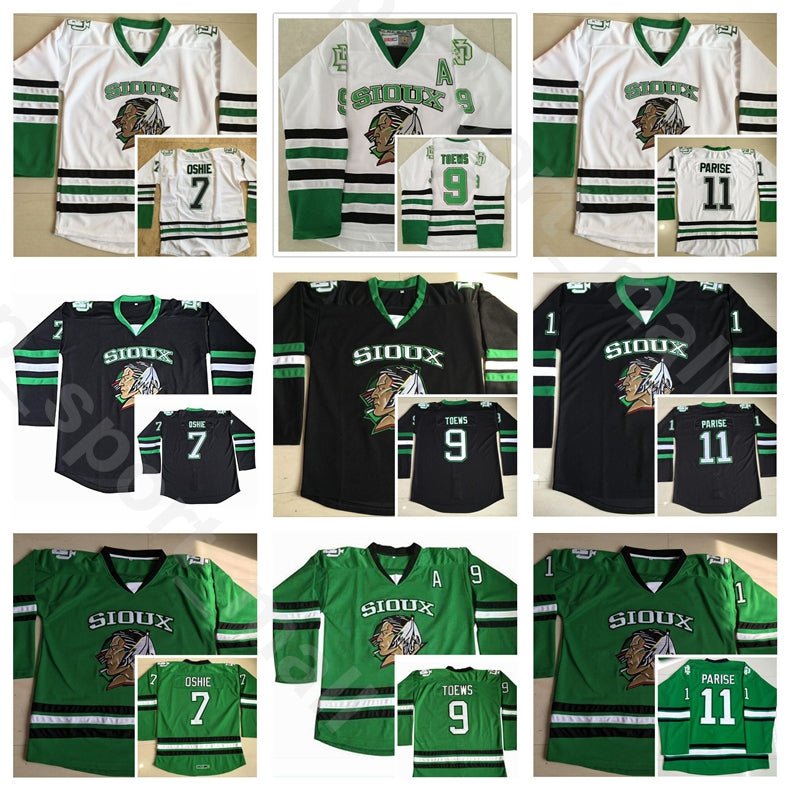 Men Vintage College 11 Zach Parise Jersey North Dakota Fighting Sioux Ice Hockey 7 TJ Oshie 9 Jonathan Toews Black Green White Home