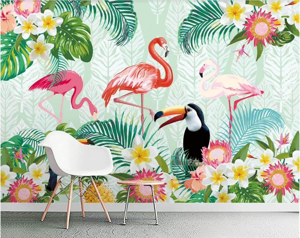 3d room wallpaper custom photo mural Tropical plant parrot flamingo background wall paper mural wall art canvas wallpaper for walls 3 d