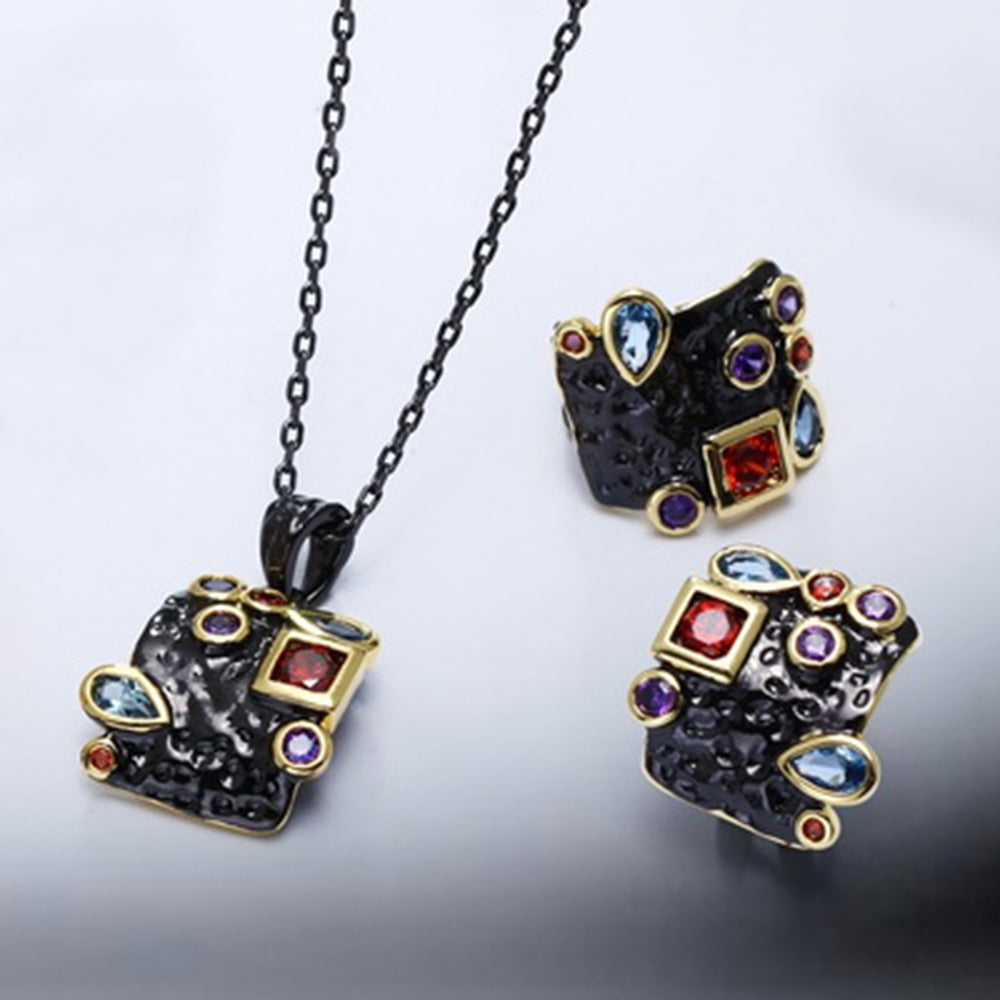 Colorful Square Necklace Earrings Jewellery Set Stud Earrings Suspension Multi Zirconia 2pcs Jewelry Sets for Women