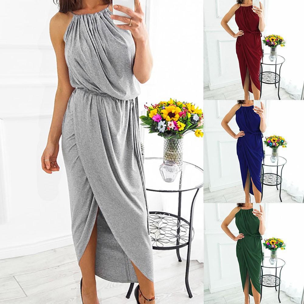 2019 designer woman summer dresses bohemian women clothing plus size dress solid color bandage sleeveless high waist split beach long skirts