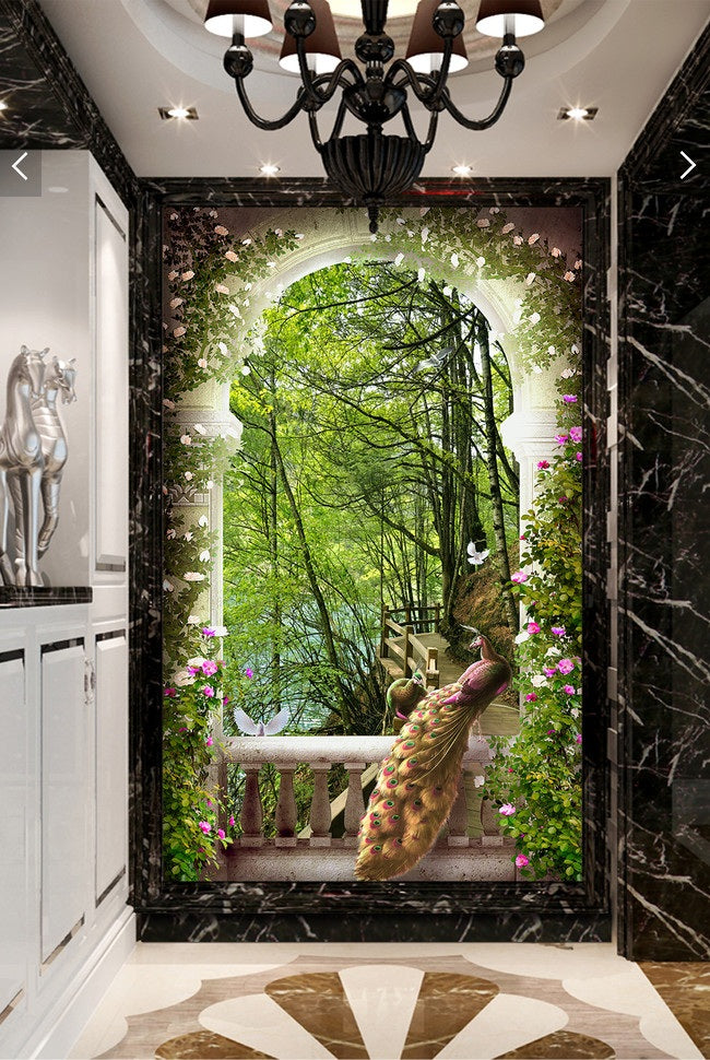 WDBH 3d wallpaper custom photo Idyllic flower arch wooden bridge peacock porch living room home decor 3d wall muals wall paper for walls 3 d