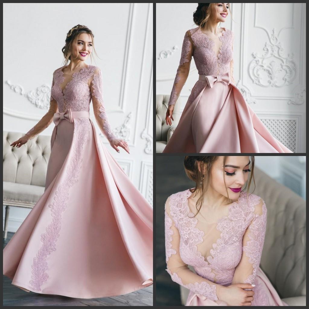 2019 Elegant Blush Pink Evening Dresses With Overskirts Long Sleeves Lace Formal Mermaid prom dresses Abendkleid Special Occasion Party Gown