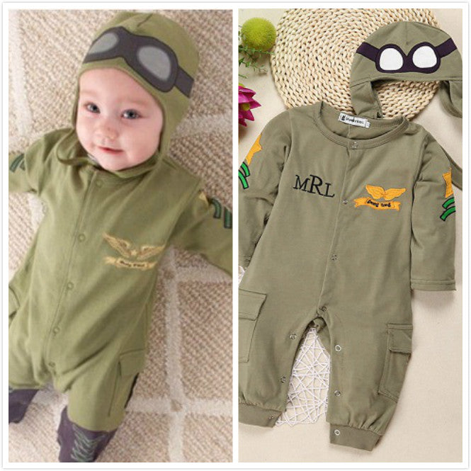 Autumn Baby Boy Kids Infant Cotton Romper Hat Cap Jumpsuit Outfits Set Adorable Baby Pilot Army Green Long Sleeve Romper 6-24M