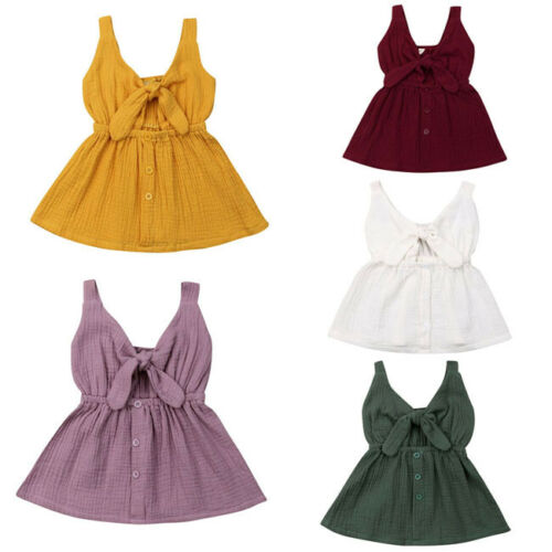 Newborn baby candy color Cotton linen dress New fashion sleeveless V Neck bow knotted Casual Summer clothes girls kids sundress