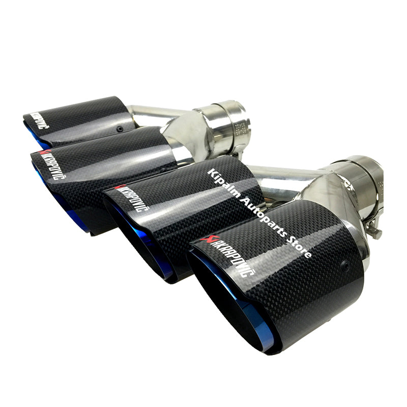 Dual Carbon Fiber + Stainless Steel Burnt Blue Universal Auto Akrapovic Exhaust Tip Double End Pipe for BMW BENZ VW Golf