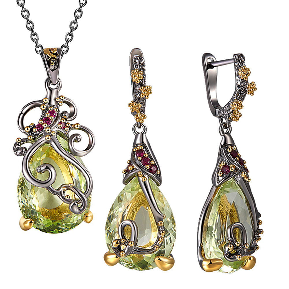 Beautiful Neaklace-Earrings 2pc Set Big Tea drop Olivine Stone Jewelry Sets Color Crystal Party Jewellery for Women