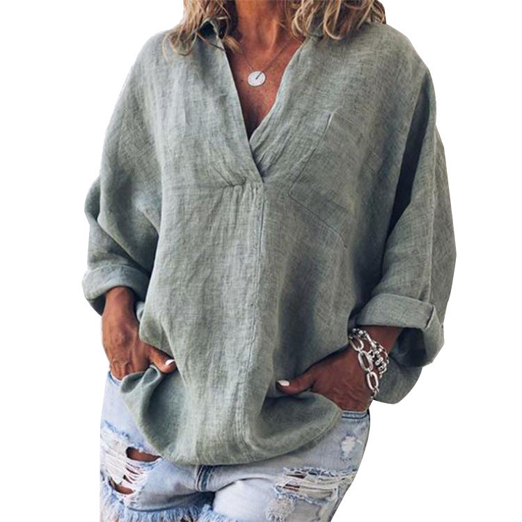 Women&#039;s Fashion Spring Summer Tunic Tops Plus Size Deep V-neck T Shirts Ladies Long Sleeve Pullover Loose Linen Blouses Free Shipping
