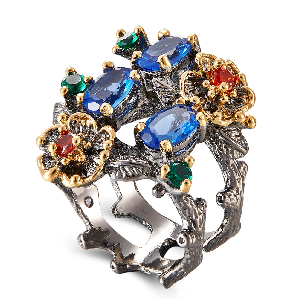 Oval Blue stone CZ Ring Mix Colorful cubic zirconia Jewellery Hollow Flower Women&#039;s Fashion Copper Jewelry Cocktail rings