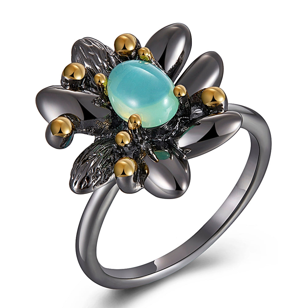 Lt Blue Opal stone ring anel female Black flower jewellery Copper anti allergy metal Lovely rings Top quality Jewelry for women