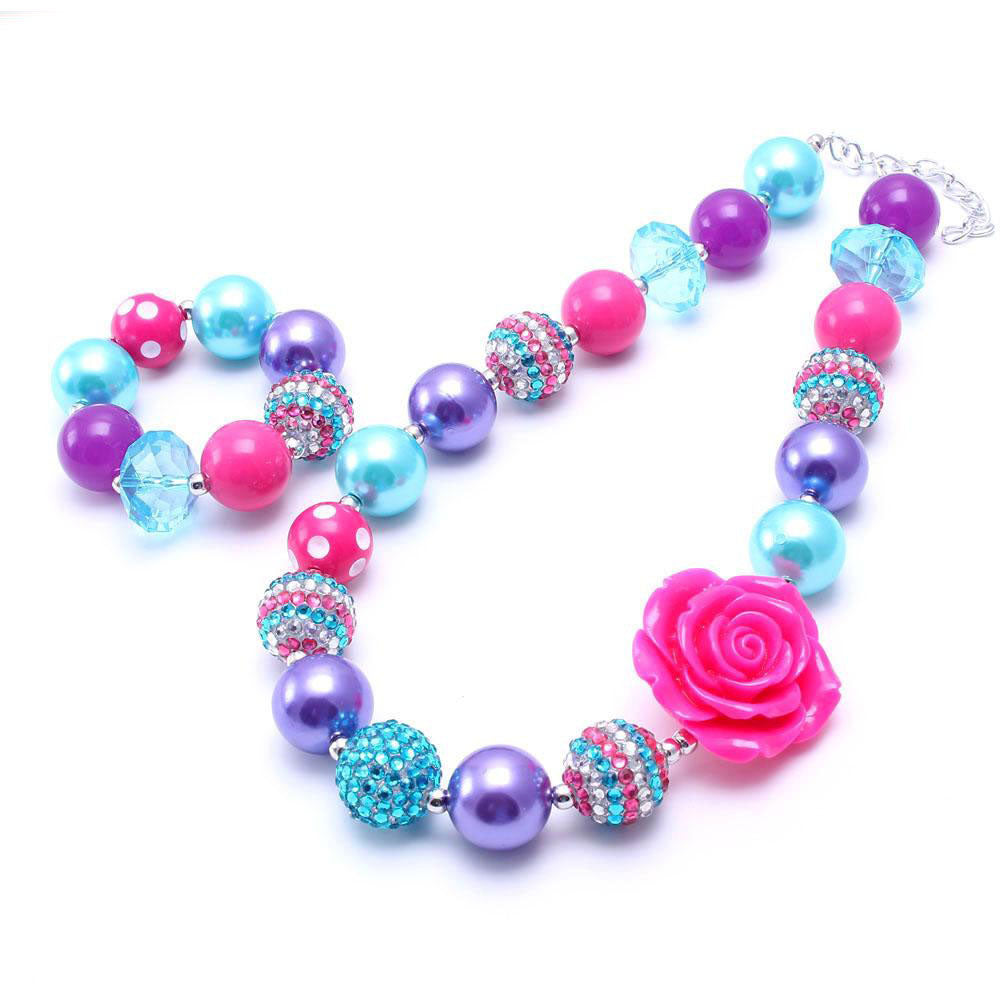 Teal+Hot Pink Kid Chunky Necklace Bracelet Set Big Rose Flower Children Girl Toddler Bubblegum Chunky Bead Necklace Jewelry Set