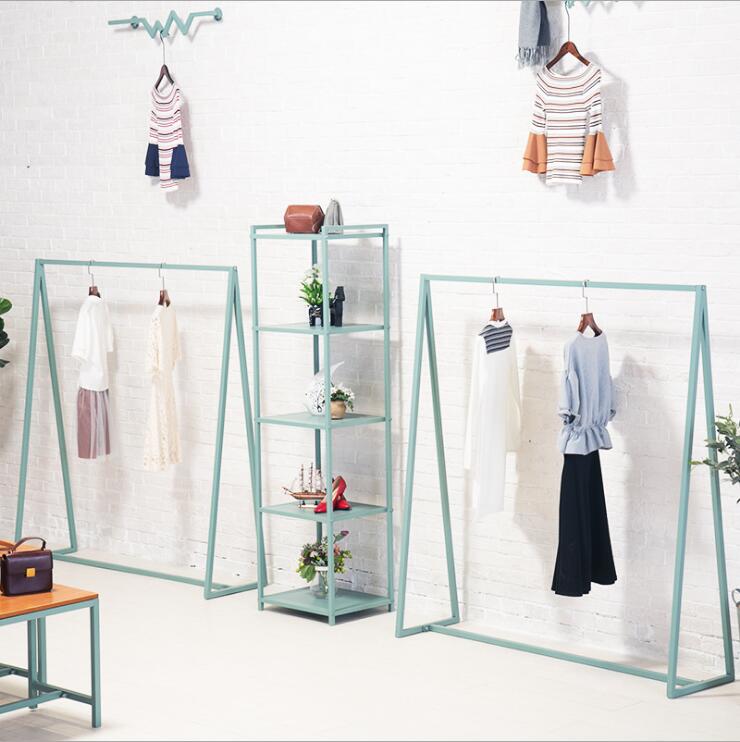 Blue floor hanger Commercial Furniture Landing style cloth store in the island shelf bale window display rack women&#039;s clothing hanging racks