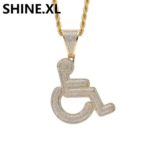 18K Gold Iced Out Wheelchair Pendant Necklace Brass Material Gold Silver Plated Mens Hip Hop Jewelry Gift