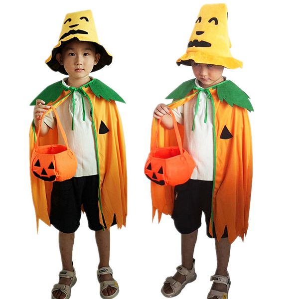 Halloween Costume Set Cute Pumpkin Halloween Cape With Hat & Candy Bucket Children&#039;s Party Show Props Clothing Accessories