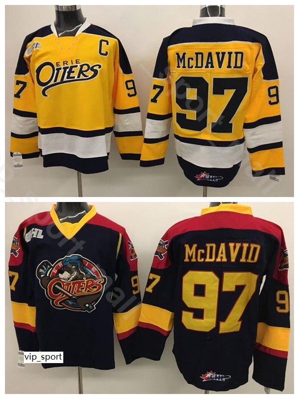 College Premier OHL With COA 97 Connor McDavid Edmonton Erie Otters Jersey Men Ice Hockey Vintage Home Black Away Yellow Quality