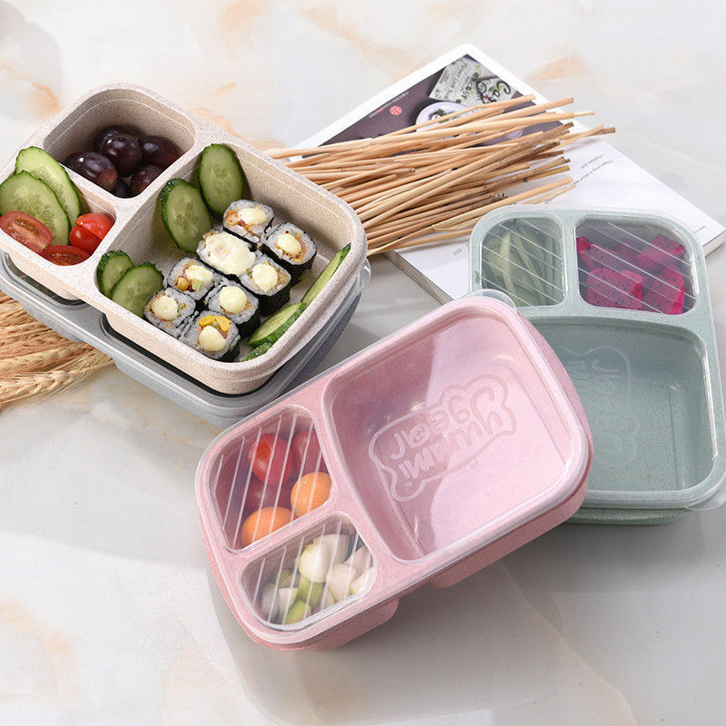 Wheat Straw Fiber Non-pollution Microwave Lunch Box Picnic Food Container Storage Box 3 Compartments Blue Green Beige