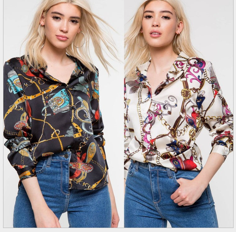 Women Lapel Neck Spring Printed Luxury Floral Blouses New Autumn Fashion Designer Shirts Tops Long Sleeved Casual Shirt