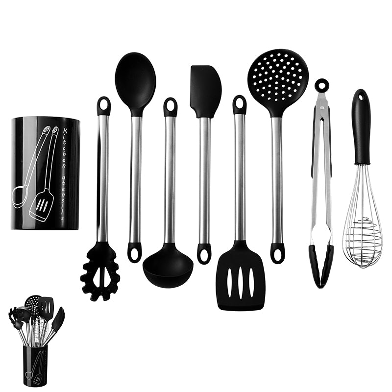 Silicone Stainless Steel Kitchen Utensils 9 PCS-set Spoon Food Clip Egg Beater High Temperature Multi-purpose Kitchen Cooking Baking Tools