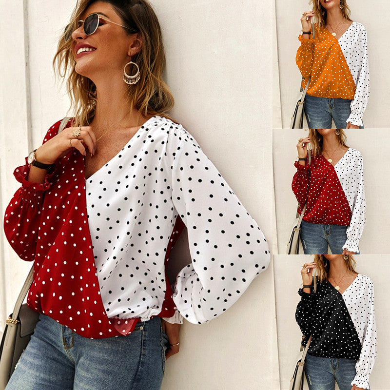 Womens Polka Dot Blouses V-neck Panelled Shirts Blouse Women Long Sleeve Shirts Chiffon Tops Fine Quality