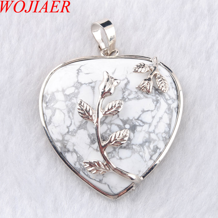 WOJIAER Love Heart Gem Stone Necklaces Pendant Natural White Turquoise Stone Charms Bohemian Style Women Jewellery N3183